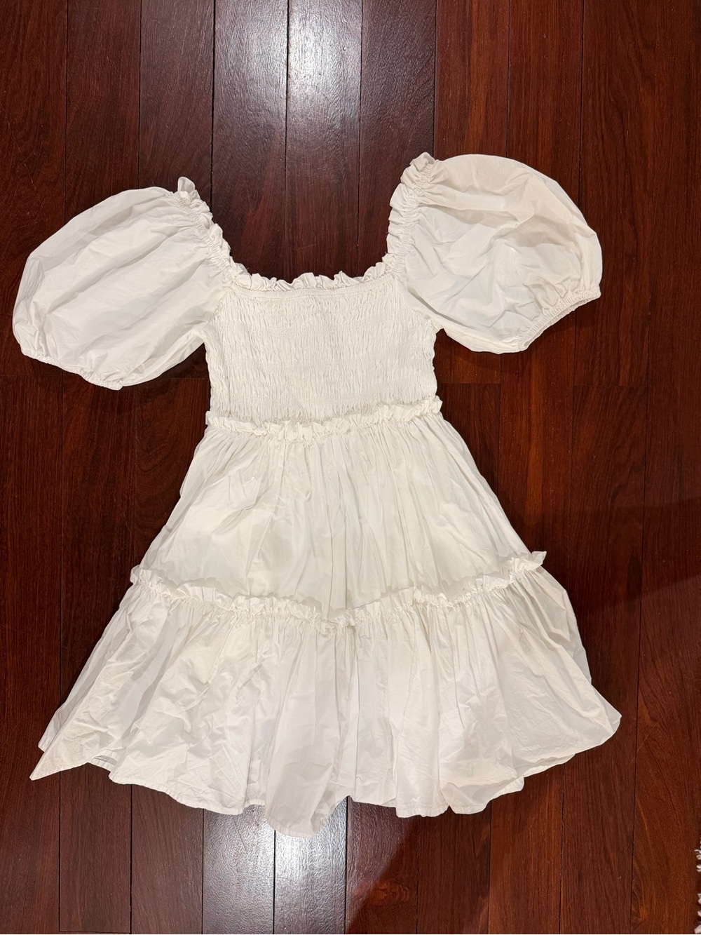 MABLE White Puff-Sleeve Smocked Tiered Dress